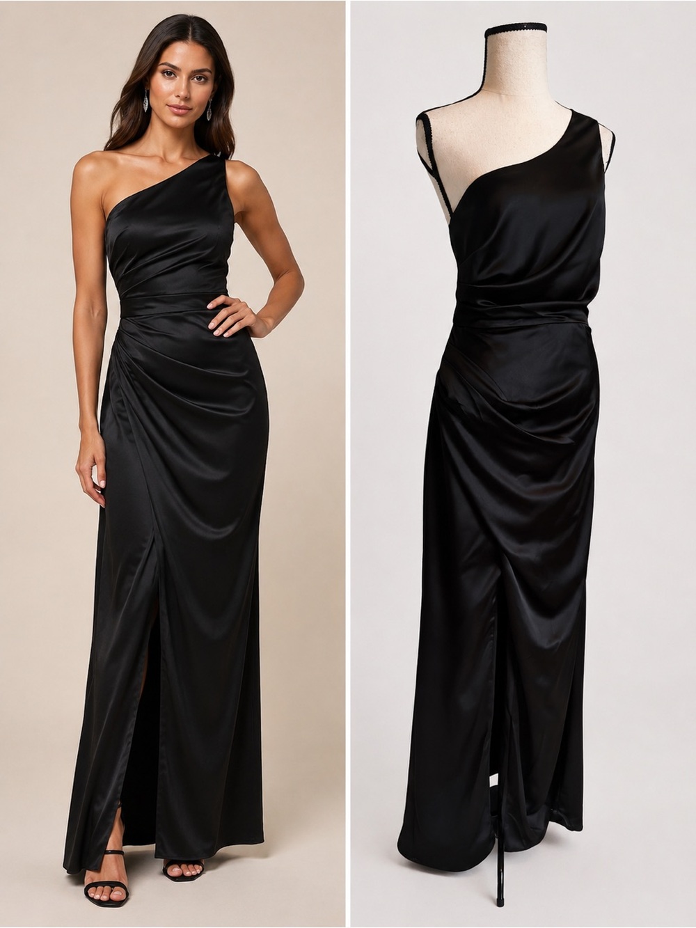 One-Shoulder Black Satin Evening Gown